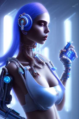 cyberpunk, body, women, rendering, blue hair, complex pipes background, highlights