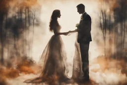 double exposure, merged layers, painted and burned burlap, wedding scene, melting watercolor and black ink outlines on wet paper, soft, shading strokes, in sunshine, ethereal, otherwordly, cinematic postprocessing, bokeh, dof