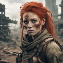 redhead ganja warrior girl in a post apocalyptic, dystopian world, hyperrealistic movie setting