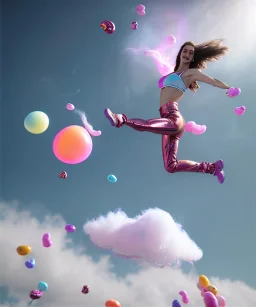 Ultra realistic speed clouds sky scene, wide angle view, sweet women falling down, inflatable color clothing, free jumping flying, many trinkets, hair monster, many jelly beans, balls, color smoke, smile, happy, circus style, extreme, wind, clouds sea, 20,000 feet altitude, stratosphere, soft color, highly detailed, unreal engine 5, ray tracing, RTX, lumen lighting, ultra detail, volumetric lighting, 3d, finely drawn, high definition, high resolution.