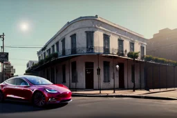 A Tesla 'Model Y' is parked, on the streets of New Orleans. (CINEMATIC, WIDE ANGLE LENS, PHOTO REAL)
