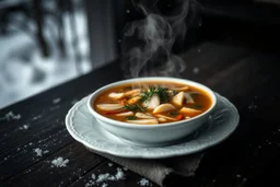 an old white plate of steaming soup, hig realistic, high contrast, sharp focus, gloomy mood, winter, blur background, perfect shot, perfect composition