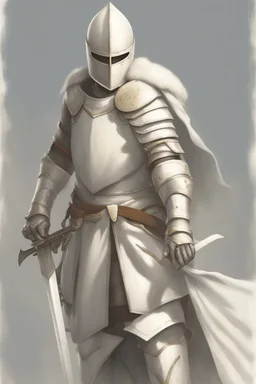 Picture of a knight wearing white armor and white cape with white helmet, holding sword and a shield
