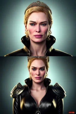 Cersei Lannister as evil queen in black leather coat, busty, cleavage, voluptuous, lena headay, angry, stern look. character design by cory loftis, fenghua zhong, ryohei hase, ismail inceoglu and ruan jia. unreal engine 5, artistic lighting, highly detailed, photorealistic, fantasy