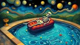 Surreal and whimsical illustration of a pool with a skeleton-shaped inflatable ottoman floating in it, vibrant colors, intricate details, dreamlike atmosphere, by Salvador Dali and René Magritte.