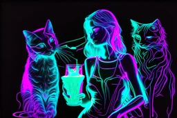 black background, outlines of a holographic girl with a cocktail and cats drawn from thin neon-coloured glowing lines