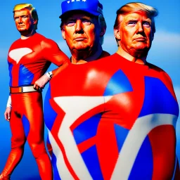 Realistic image of Donald trump super hero, retro style, watchmen style, red and blue breeches, glow confederate flag dress, suspenders, latex material, 80s, vibrant color, highly detailed, sky background, concept art, unreal engine 5, god rays, ray tracing, RTX, lumen lighting, ultra detail, volumetric lighting, 3d, finely drawn, high definition, high resolution.