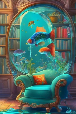 An aquarium glass cat shaped aquarium with fish, colorful fish, in an old style cozy library with a comfortable armchair to sit in and a large aquarium with fish, colorful fish