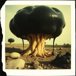 Photography polaroid close-up of a random landscape with massive odd Yves Tanguy incomprehensible style Surrealism, glossy, organic, creepy tumor mass growing, strong texture, fiotti di liquido nero, horror, panic, obsessive, hypnotic