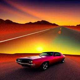 muscle car, desert road, sunset, full colour,