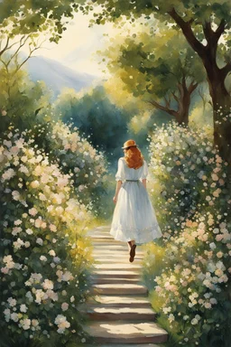 illustration style. Anne Shirley passed through the flowers and the pungent fragrance of the orchard in the evening air and reached the steps of the front door.