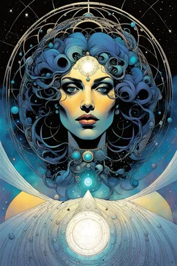 create an ethereal, otherworldly woman wreathed in the cosmos utilizing sacred geometry, fractals, reoccurring patterns in the comic book art style of Mike Mignola, Bill Sienkiewicz, and Jean Giraud Moebius, with highly detailed and finely inked facial features , dramatic natural lighting