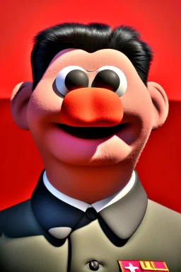 Waist up muppet Portrait, Kim Jong-un muppet doll, black suit, photo studio, red background, unreal engine 5, concept art, art station, god lights, ray tracing, RTX, lumen lighting, ultra detail, volumetric lighting, 3d.