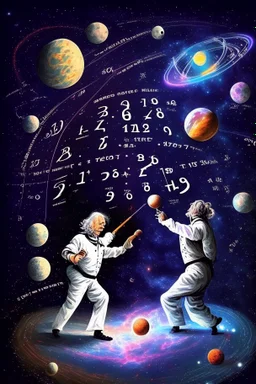 Albert Einstein and Richard Feynman playing with numbers & atoms in outerspace with planets, cosmic gas, stars, moons, and comets dancing around them