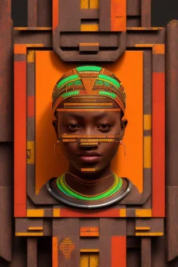 a beautiful full frame portrait digital painting of futuristic gaspunk, ghana kente, african symbols embossed, close-up, macro lens, centered camera, titanium accents, intricate details, small minutiae, tiny features, particulars, colorful, 8k, least ambient occlusion, volumetric lighting, volumetric clouds