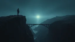 a lone figure stands on a steep cliff, below is a precipice, in front of him is the far rocky shore, between the two is an old, ragged, gaping, narrow bridge, dark, surreal, thriller, dreamlike, pale light, in the distance a faint light, hope, the figure looks up at the starry sky