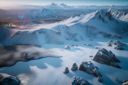 Extreme long shot, Birds Eye view, Antartic skyline, smooth, god rays, unreal engine 5, ray tracing, RTX, lumen lighting, ultra detail, volumetric lighting