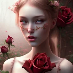 red roses beautiful girl,utra realistic,highly detailed, masterpiece, delicate detailed, sharp focus, insanely detailed, fantasy art, intricate detailed, elegant, fog, Special Lighting, Vibrant, color Scheme, forest, unreal engine, trending on artstation