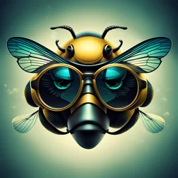 the silent bee head stylized with glasses, bizarre,surreal,