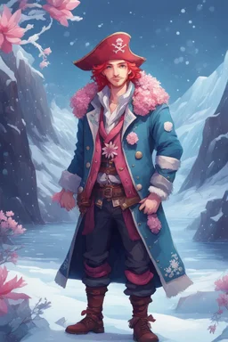kind sailor, man, red slightly curly hair, long jacket, pink-azure clothes, pink-azure cocked hat in cold colors, white floral pattern on jacket, flower in hair, pirate, frozen, stardew, valley style