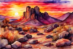 Sunset, rocks, mountains, rocky land, epic, watercolor paintings