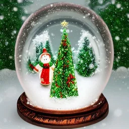 beautiful christmas snow globe inside a room with green walls and christmas wallpaper with snow fall in the window and in the snow globe, bright light shining through the snow globe with christmas elements inside