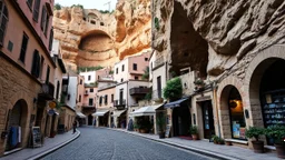 cobbled street with buildings and shops cut from rock, over hanging cliff face, arches, and bridges