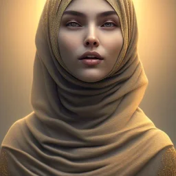 close-up portrait of woman in hijab dissolving into dust, fine detail, highly intricate, wearing bridal veil, modern surrealism painting, defined cracks and breaks, high-quality, volumetric lighting, 8k, ultrahd, George Grie, Marco Escobedo, Igor Morski