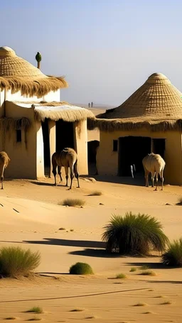 camels on desert, mud house