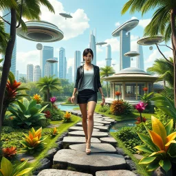 Highly detailed and intricate 3D fractal recursive art, featuring a single young woman/girl wearing fashionable modern clothing, walking directly towards the camera through a lush, futuristic villa garden. The garden is part of a larger technologically-advanced city, with towering skyscrapers and floating vehicles visible in the background. The garden itself is a verdant oasis, with exotic flora, flowing water features, and a seamless integration of natural and artificial elements. Holographic