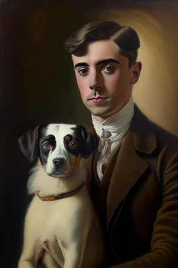 Make me a oil portrait of a very rich person that is 27 Years old from 1920 with a dog