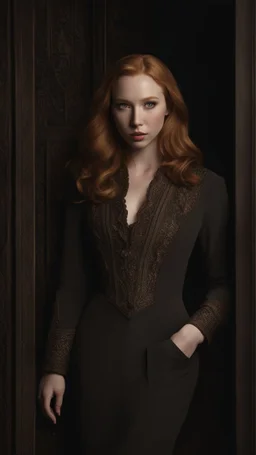 ((young woman molly quinn)), dark background, mid shot, full body, neutral expression, ultra realistic, highres, superb, 8k wallpaper, extremely detailed, intricate, limited palette,