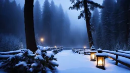 fir forrest scenery, heavy mist,valley,creek,forest,christmas lanterns,tree,,nature,night,snow,fir tree,high-quality photograph