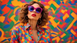 a woman in a colorful shirt and sunglasses, colorful fashion, pop and vibrant colors, fashion photography, fine art fashion photography, high fashion photography, bright bold colors, rich vibrant colors, bright vivid colors, portrait color glamour, vibrant colors, bright vibrant colors, vibrant vivid colors, deep vibrant colors, bold psychedelic colors, fashion photograhy, high - end fashion photoshoot