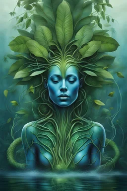 Ecological Art, plants, floating earths, long leaf tendrils, green colors and shades, in blue waters full body beauty mitical human-plants mutant meditates in stunning alien flora , cinematic, mistic mood