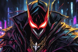 Spawn in 8k solo leveling shadow drawing style, close picture, rain, neon lights, intricate details, highly detailed, high details, detailed portrait, masterpiece,ultra detailed, ultra quality