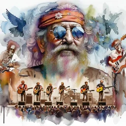 The old hippie, double exposure old hippie's face formed by a band on stage playing a concert, watercolor.