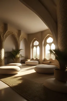 A room made of organic simplicity, Al-Ahsa, Saudi Arabia, floor sitting pieces inspired by Al-Ahsa's plaster carvings, palm trees, and captivating landscapes