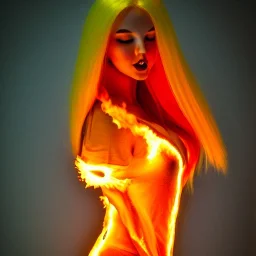 woman made of fire, fire angel, fire clothes, full body portrait, long flowing yellow hair, highly detailed, real life photo, photo quality, extremely detailed, highly detailed, 8K, crisp quality