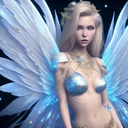 beautiful blonde fairy in a galactic ambiance, transparent wings, delicate colors, finely tuned detail, ultra high definition, 8 k, unreal engine 5, ultra sharp focus