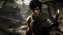 /Imagination Directed: Realistic, Character: [The confrontation between the young warrior and other criminals show them ,. It showed them fighting in a valley where there was a village. This village had houses and a tavern, surrounded by shadows and debris. The young warrior's face shows a mixture of determination, rage and resilience as he prepares to fight for the greater good] Unreal Engine, hyper-realistic --q 2 --v 5.2 --ar 16:9