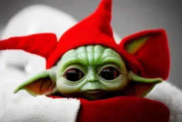 baby yoda wearing a red christmas hat & sunglasses