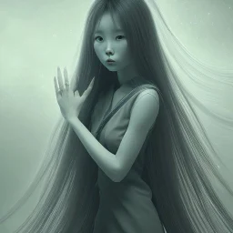 Sadako Yamamura (Ringu, 1998) ; screenshot, Dark Foggy Georgeous Horror Dark Fantasy Art by James Bousema, digital illustration, evil,wild, cold stare ,photo-realistic, 32K,dynamic colors,high details,high definition,crystal clear image,aspect ratio 33:1,DIGITAL ILLUSTRATION by James Bousema Modifiers: Nikon D850 elegant Award winning photography fantasy photorealistic very attractive