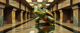 master oil painting by Rembrandt, reflective marble madness turtle character portrait, a living bowling marble halls with slightly tilted floor in a twisted block maze, scenery from the game "marble madness", crystal birds