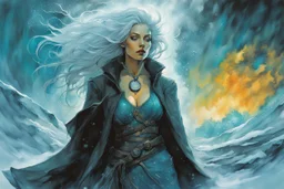 create a highly detailed high fantasy portrait illustration of a sensual sorceress clothed in hoarfrost, amidst a swirling blizzard on the eve of Samhain under the watch of a baleful moon in the graphic novel style of Bill Sienkiewicz, with highly detailed facial features and clothing, with an otherworldly and ethereal background by Van Gogh