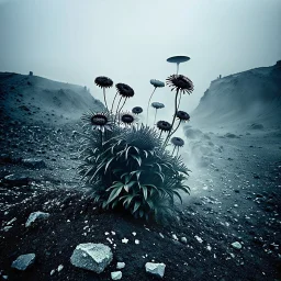 A striking quality Agfa photograph captures a wasteland with creepy odd flowers, details of the dust very accentuated, glossy organic mass, adorned with minerals and rocks. Bathed in intense light, eerie, Yves Tanguy style, black sun, fog