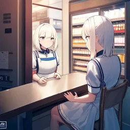 one anime girl in a waitress uniform sitting at a booth in a busy diner with two identical white coffee cups on the table, one white teacup is full and the other white cup is empty, windows and a door, cashier, customers, emphasis on two white coffee cups