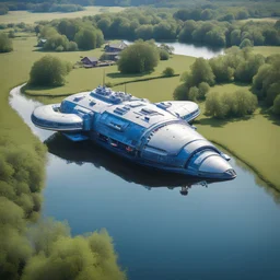 large space ship floating on wide River on a summers day, English village, , blue exhaust ports , stopped, antennas, , luminescent , 55 mm focal length