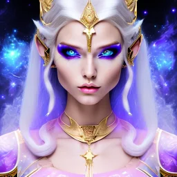 cosmic mage, elf, female, battle mage, epic, cosmic magic, long ears, white hair, face details, pale skin, detailed eyes, jewellery, broad shoulders, glowing eyes, sharp ears, cosmic clothes, bright eyes, cosmic eyes, ears between hair, ears shown