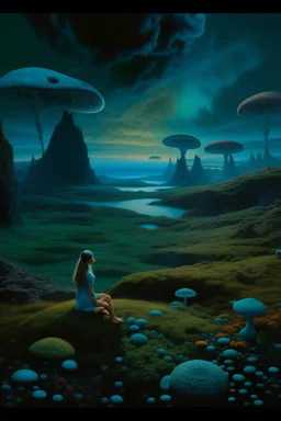 Psychedelic landscape, Icelandic, multiple galaxies in the sky, low contrast, muted colors, nude woman sitting in center looking away from viewer, moss, blue bioluminescent mushrooms